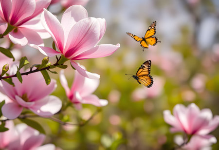 Butterfly on a pink magnolia flower in a spring gardenの素材