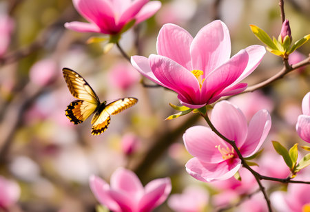 Butterfly on a pink magnolia flower in a spring gardenの素材