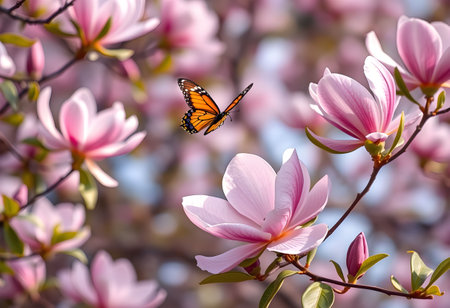 Butterfly on a pink magnolia flower in a spring gardenの素材