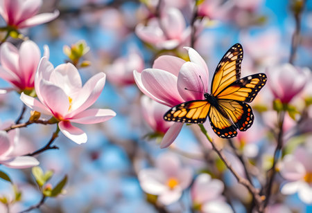 Butterfly on a pink magnolia flower in a spring gardenの素材