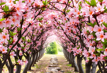 Beautiful pink magnolia flowers blooming in the garden with pathwayの素材