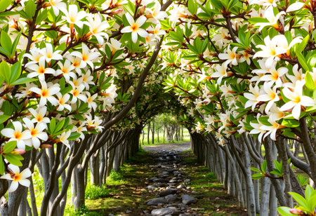 Beautiful pink magnolia flowers blooming in the garden with pathwayの素材