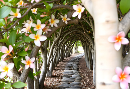 Plumeria flower in the garden with tree trunks for backgroundの素材