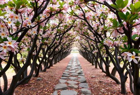Beautiful pink magnolia flowers blooming in the garden with pathwayの素材