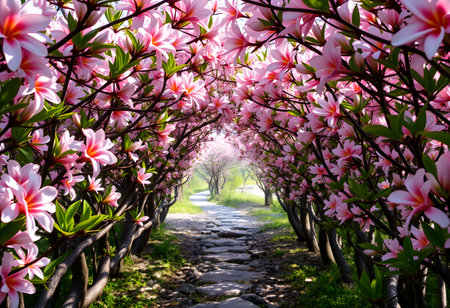 Beautiful pink magnolia flowers blooming in the garden with pathwayの素材