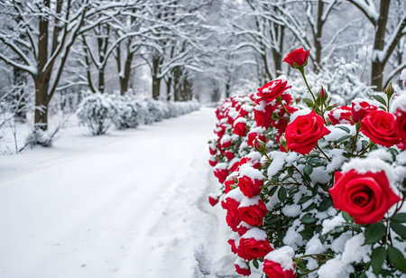 Snowy winter road with red roses in the park. Beautiful winter landscape.の素材