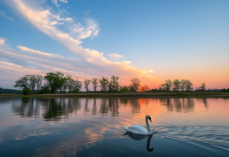 Beautiful white swan swimming on the lake at sunrise in springの素材