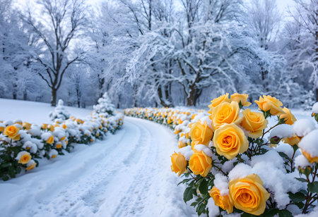 Beautiful winter landscape with yellow roses in the park under the snowの素材