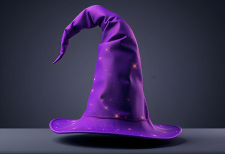 Purple witch's hat on a black background. 3d renderingの素材