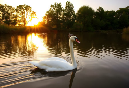 Beautiful white swan swimming on the lake at sunrise in springの素材