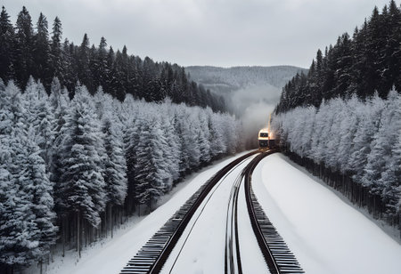 Train on the tracks in the winter forest. View from above.の素材