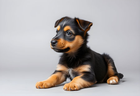 Portrait of a cute mixed breed puppy dog on a gray backgroundの素材