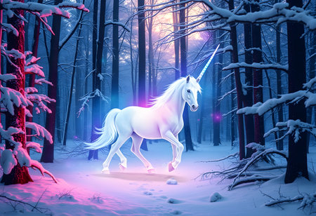 White unicorn in the winter forest. Magical fairy tale. 3D renderingの素材