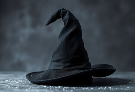Black witch hat on wooden table with bokeh background. Halloween concept.の素材