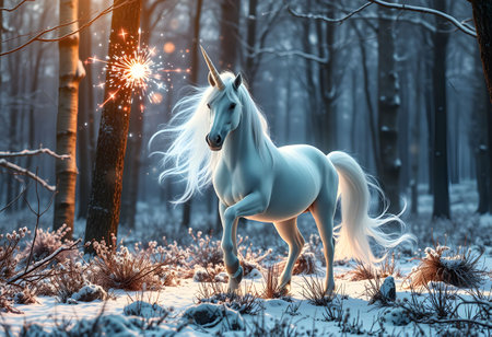 White unicorn in the winter forest. Magical fairy tale. 3D renderingの素材