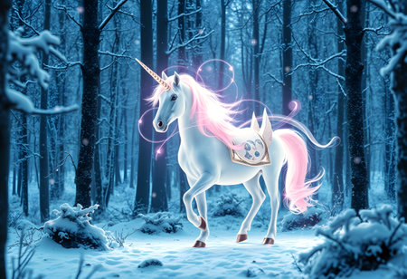 White unicorn in the winter forest. Magical fairy tale. 3D renderingの素材