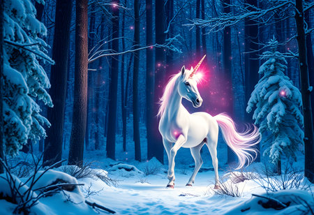 White unicorn in the winter forest. Magical fairy tale. 3D renderingの素材