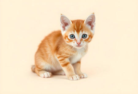 Cute little red kitten on a beige background with copy spaceの素材