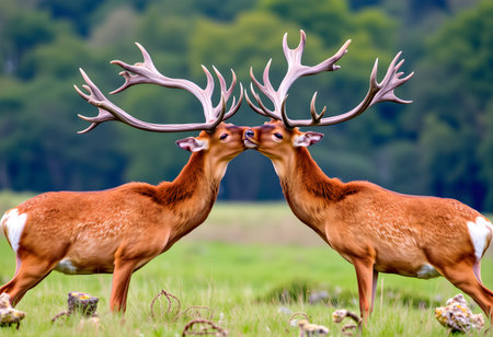 Portrait of two male red deer with antlers in the natureの素材