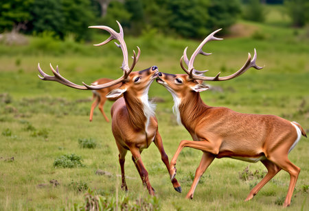 Portrait of two male red deer with antlers in the natureの素材