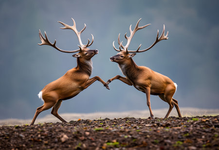 Portrait of two male red deer with antlers in the natureの素材