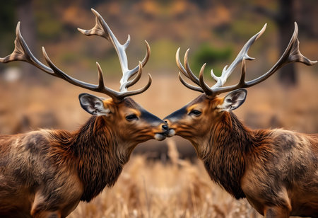 Portrait of two male red deer with antlers in the natureの素材