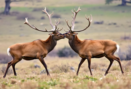 Portrait of two male red deer with antlers in the natureの素材