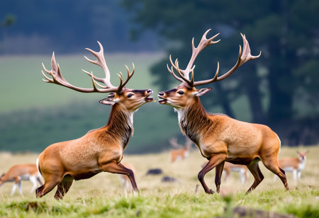 Portrait of two male red deer with antlers in the natureの素材