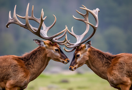 Portrait of two male red deer with antlers in the natureの素材