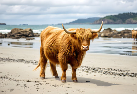 Scottish highland cow standing on the beach, Scotland, UKの素材