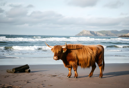 Scottish highland cow standing on the beach, Scotland, UKの素材