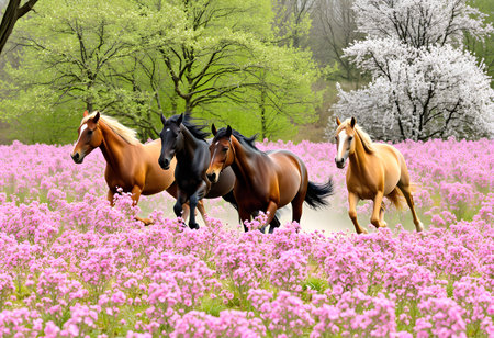 Three horses in pink flower field. Beautiful spring landscape with horses.の素材