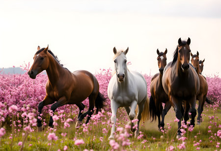 Three horses in pink flower field. Beautiful spring landscape with horses.の素材