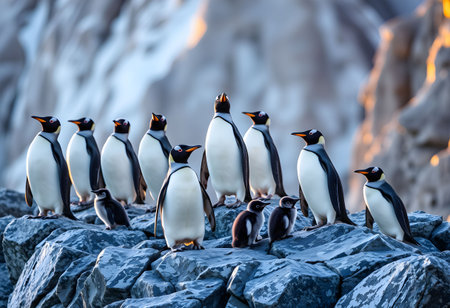 Adelie penguins with chick on the rock in the sunの素材