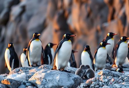 Adelie penguins with chick on the rock in the sunの素材