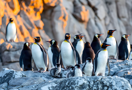 Adelie penguins with chick on the rock in the sunの素材