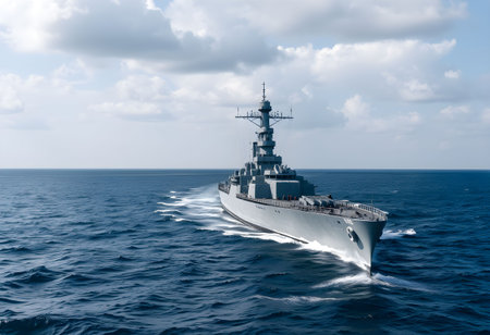 A view of a Battleship on the seaの素材