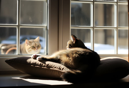 Siberian cat lying on a pillow and looking out the windowの素材
