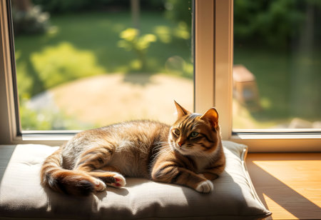 Siberian cat lying on a pillow and looking out the windowの素材