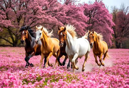 Beautiful horses run gallop in blooming pink flowers field.の素材