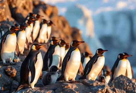 Colony of penguins on the rock at sunset in Antarctica.の素材