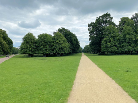 Walking path in the park with trees in the background and cloudy sky