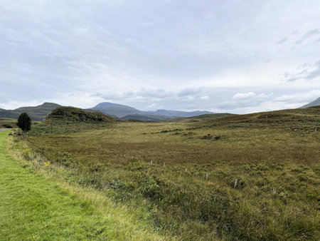A view of the Isle of Mull in Scotland on a cloudy dayの写真素材