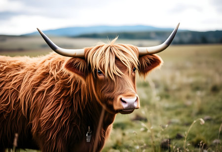 Portrait of a cute cow with long horns on a snowy fieldの素材