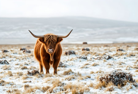Portrait of a cute cow with long horns on a snowy fieldの素材