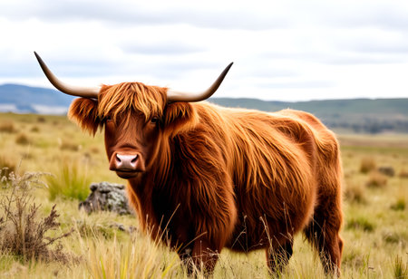 Portrait of a cute cow with long horns on a snowy fieldの素材