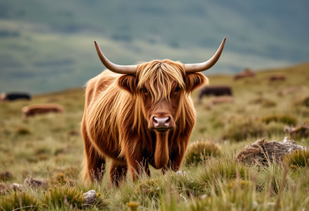 Portrait of a cute cow with long horns on a snowy fieldの素材