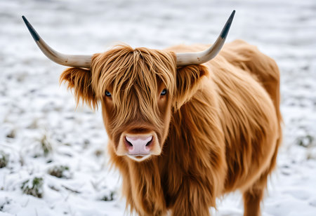 Portrait of a cute cow with long horns on a snowy fieldの素材