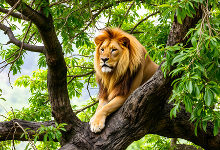 Male lion lying on a tree and looking at the camera in the jungleの素材