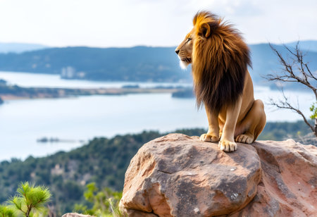 Male lion lying on a tree and looking at the camera in the jungleの素材